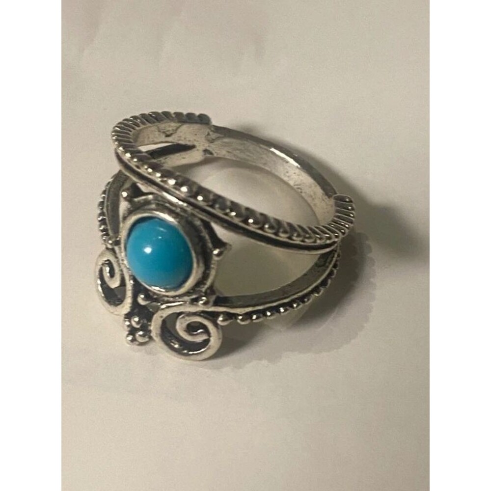Boho Turquoise Scroll Ring Silver Tone Size 8 Witchy Southwest Festival